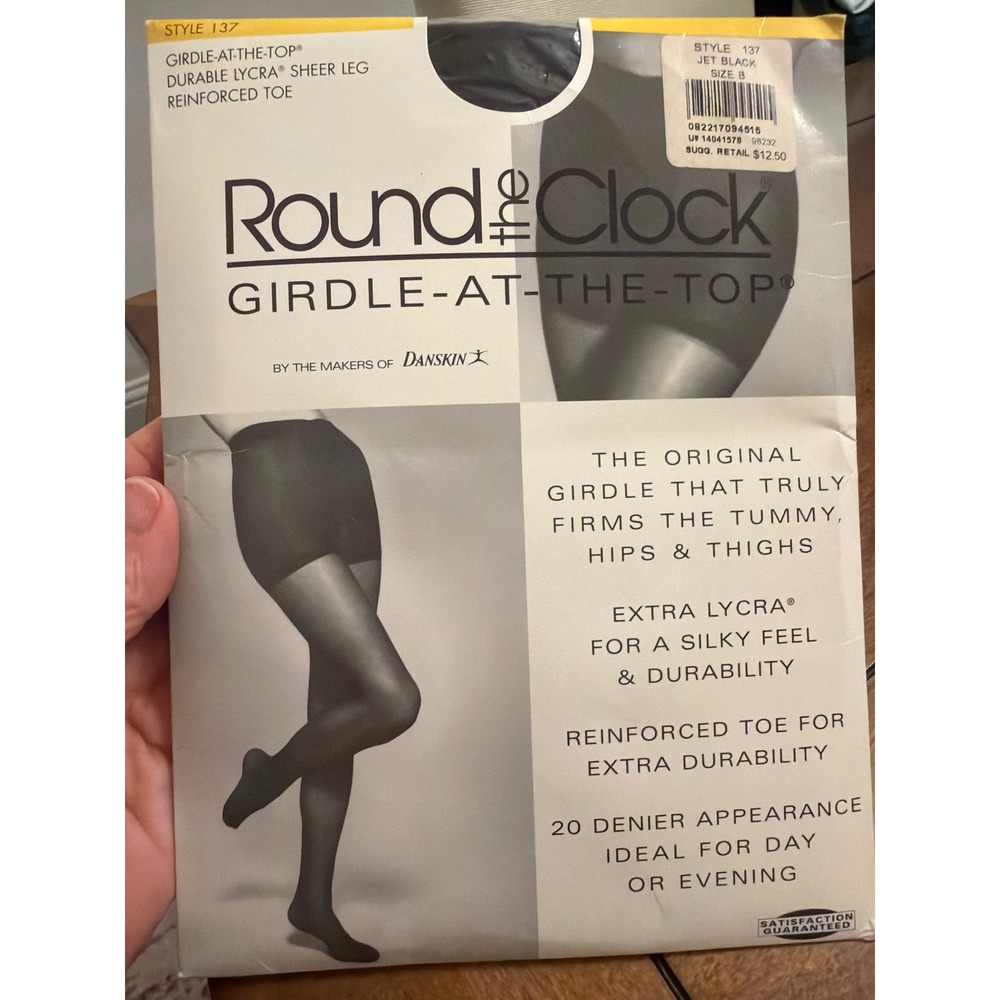 Round the Clock Girdle-At-The-Top Pantyhose Jet Black Style 137 Size B Vintage